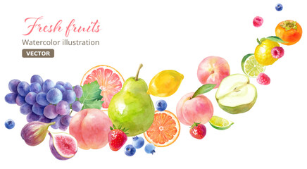 色々なフレッシュフルーツの水彩イラスト。流れるようなフルーツの集合。バナー装飾。（ベクター。レイアウト変更可能） - obrazy, fototapety, plakaty
