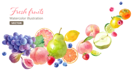 Fotobehang 色々なフレッシュフルーツの水彩イラスト。流れるようなフルーツの集合。バナー装飾。（ベクター。レイアウト変更可能） © Keiko Takamatsu