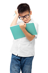 Kid with hand on head and holding book, thinking, doing homework, learning difficulties, wearing eyeglasses