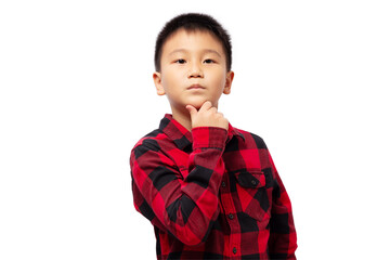 Curious kid with hand on chin wearing red shirt isolated on white