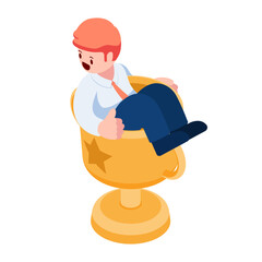 Isometric Businessman Showing Thumbs Up Inside Winner Trophy