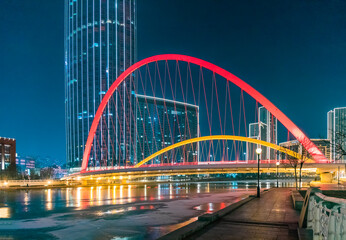 Aerial shot of city high-rise in the evening