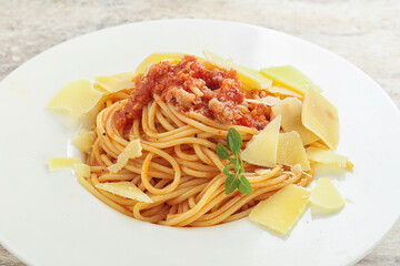 Italian pasta Spaghetti bolognese with parmesan