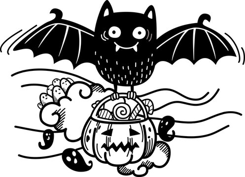 Hand drawn black and white vampire bat character