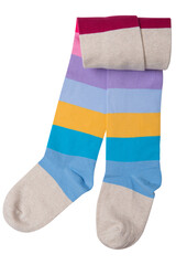 Children's tights with stripes, rainbow color, half folded, on a white background