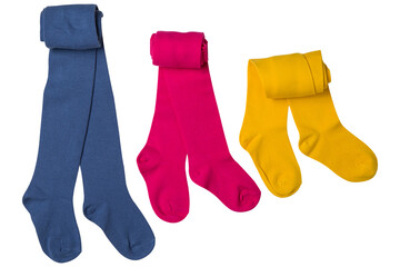 Three children's tights of different sizes and colors, half folded, assortment, on a white background
