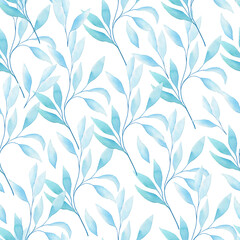 Transparent eucalyptus leaves seamless watercolor pattern. Hand drawn illustration of twigs on isolated background. Endless background for fabric and wallpaper.