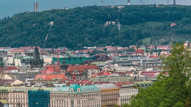 View from the top of the Vitkov Memorial aerial timelapse on the Prague landscape and Vitkov memorials park on a sunny day. Close up view