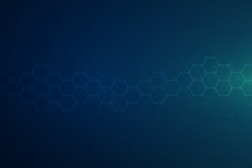 Hexagons pattern on blue background. Genetic research, molecular structure. Chemical engineering. Concept of innovation technology. Used for design healthcare, science and medicine background