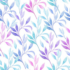 Transparent eucalyptus leaves seamless watercolor pattern. Hand drawn illustration of twigs on isolated background. Endless background for fabric and wallpaper.