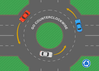 Safe driving tips and traffic regulation rules. Movement inside the roundabout. Go counterclockwise. Top view. Flat vector illustration template. - obrazy, fototapety, plakaty