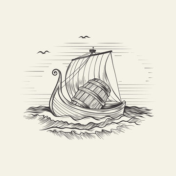 Vintage illustration Viking ship with beer barrel