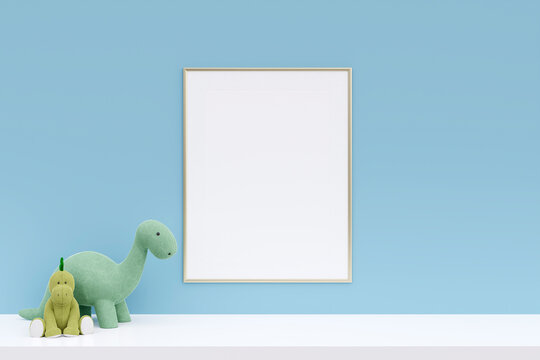 A mockup picture frame with stuffed toy dinosaurs on white shelf.  3d rendered illustration.