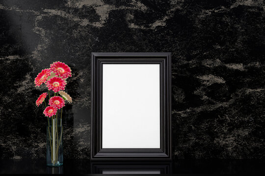A mockup picture frame with flower vase on a shelf. 3d rendered illustration.