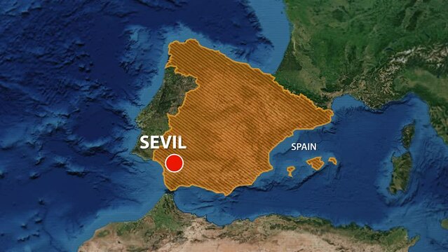 Designation of the borders of Spain on the map and the mark of the location of the city of Sevilla