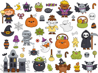 Vector kawaii Halloween clipart set for kids. Cute cartoon Samhain party elements. Scary collection with jack-o-lantern, haunted house, ghost, skull, bat, witch, vampire. Autumn holiday characters.