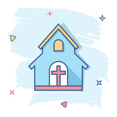 Vector cartoon church sanctuary icon in comic style. Chapel sign illustration pictogram. Church business splash effect concept.