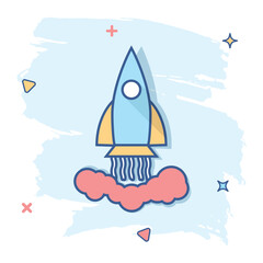 Vector cartoon rocket icon in comic style. Startup launch sign illustration pictogram. Rocket business splash effect concept.