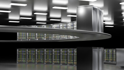 Servers. Servers room data center. Backup, mining, hosting, mainframe, farm and computer rack with storage information. 3d rendering