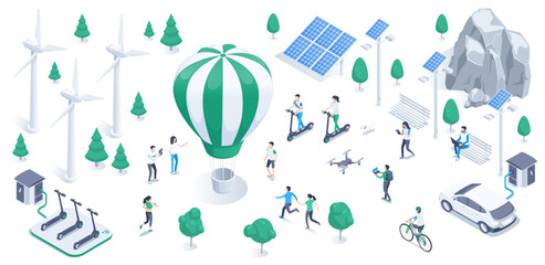 isometric vector illustration on a white background, wind turbines and solar panels as alternative energy, people on scooters and bicycles and standing near the hot air balloon, clean energy