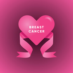 flat design pink heart and pink ribbon for breast cancer day