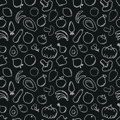 Seamless farmer's market pattern with line icons. Fruits, vegetables healthy food