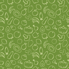 Seamless farmer's market pattern with line icons. Fruits, vegetables healthy food