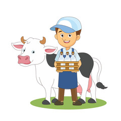 Farmer Holding Bottle of Milk, Farming Man and Cow