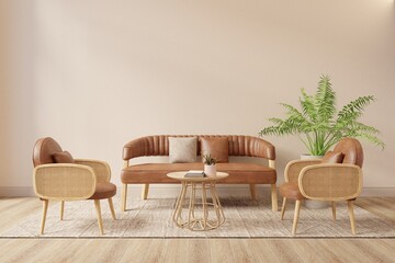 Minimalist background home interior living room with sofa set beige and warm tones.3d rendering