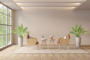 Minimalist background at home interior living room with chair beige and warm tones,ceiling lights.3d rendering