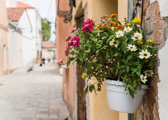 white pot with colorful flowers hanging outside a house in Italy