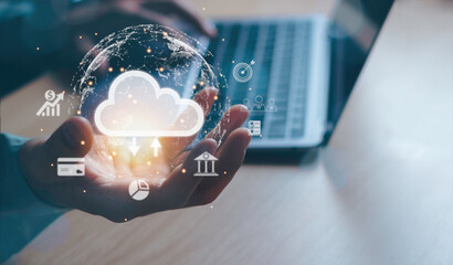man showing cloud icon in hand The concept of access to big data is connected a global network. searching for information Internet Technology Transactions, Online Finance and Investment Businesses