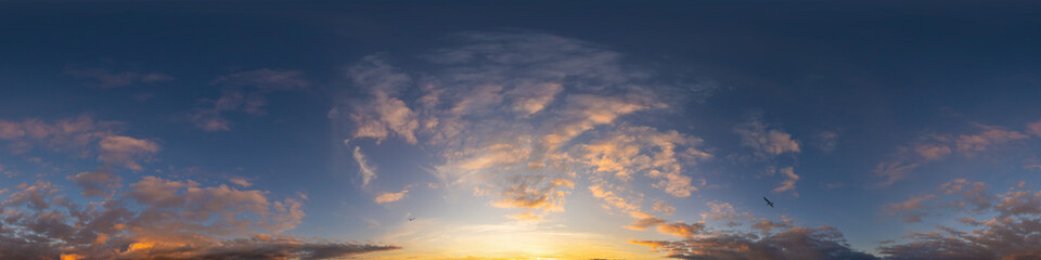 Dark blue sunset sky panorama with pink Cumulus clouds. Seamless hdr 360 pano in spherical equirectangular format. Full zenith for 3D visualization, game, sky replacement for aerial drone panoramas