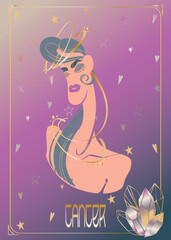Portrait of a fantasy girl representing the zodiac sign Cancer. Horoscope on a gradient background with golden elements. Vector art.