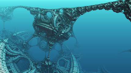 Abstract background, fantastic blue metal structures, ancient civilization fictional background, 3D render illustration. © Cobalt