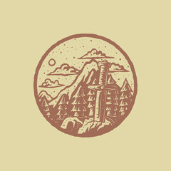 Vintage stamp illustration of sword in the forest