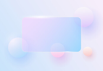 Transparent 3d glass shape for infographic, modern purple blue glass rectangle with 3D spheres on the back, interesting vector iridescence background.