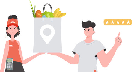Woman courier holds a package with groceries. Delivery concept. Isolated. Cartoon style. Vector.