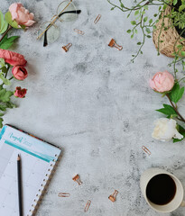 vintage background with rose and paper planner