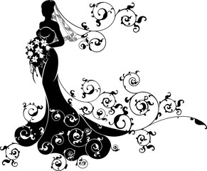 A bride in silhouette in a bridal dress wedding gown and veil holding a floral bouquet of flowers and an abstract pattern concept