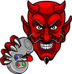 A devil cartoon character player gamer esports sport mascot holding a video games controller
