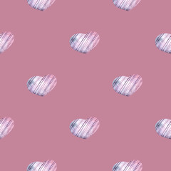 Watercolor pattern with purple hearts on a pink background. Botanical illustration with berries for postcards, packaging, decor, fabric