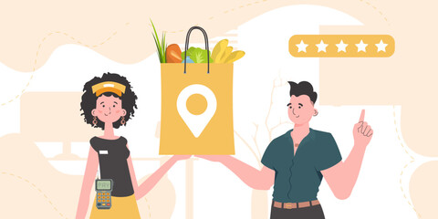 Delivery concept. Woman courier holds a package with groceries. Cartoon style. Vector.