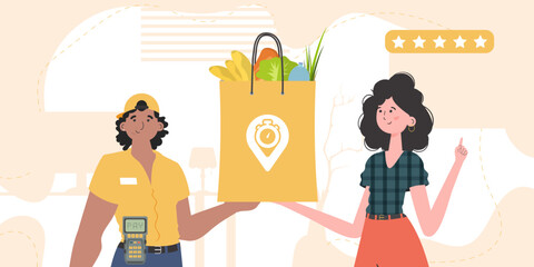 Delivery concept. A male courier holds a bag of food. Trendy flat style. Vector.