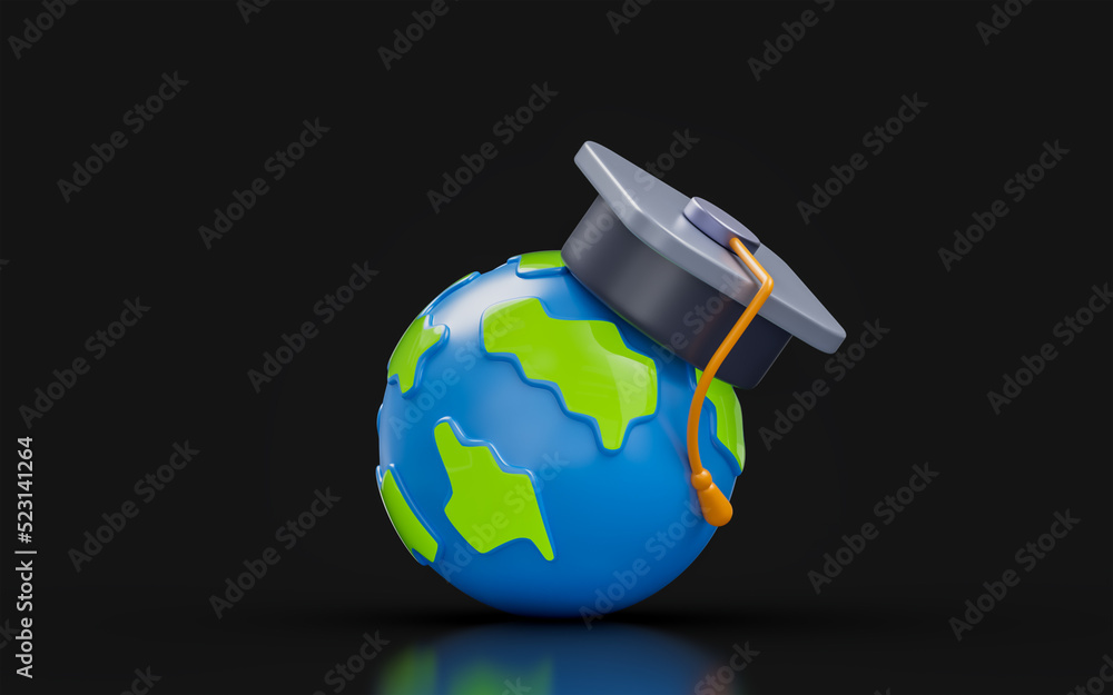 Poster globe sign with graduation cap on dark background 3d render concept for student of the year