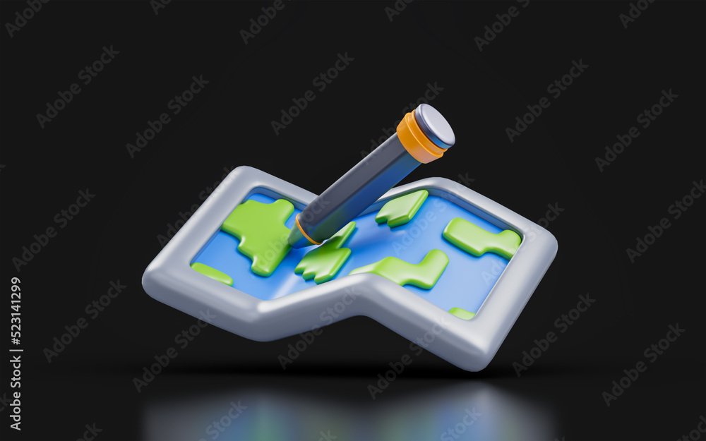 Poster world map sign with pencil on dark background 3d render concept for cartography edit map