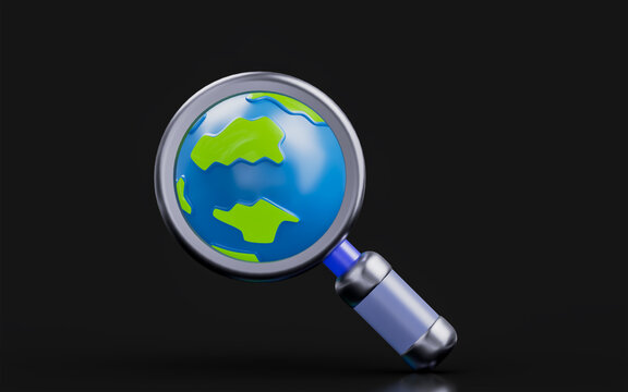 globe with magnify glass sign on dark background 3d render concept for geography research