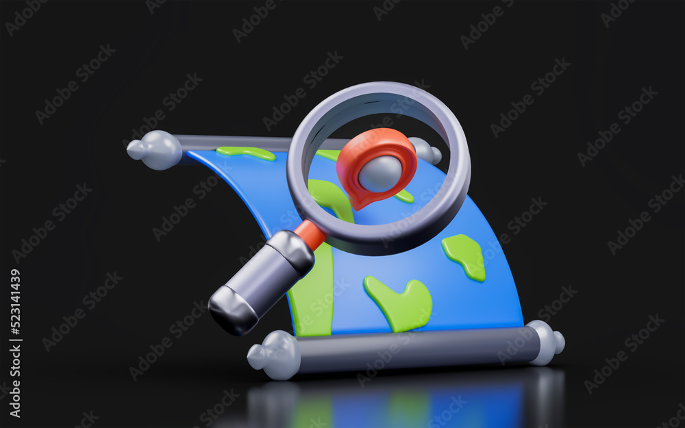 Poster world map location with magnify glass sign on dark background 3d render concept for finding place
