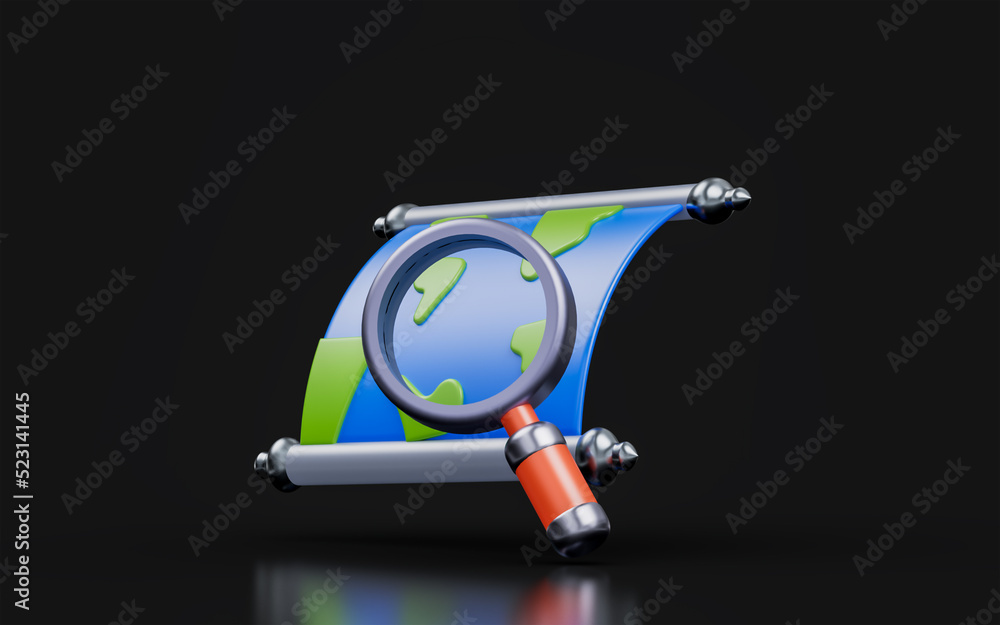 Aufkleber world map with magnify glass sign on dark background 3d render concept for finding location place
