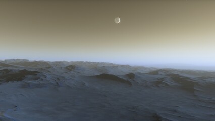 Mars like red planet, with arid landscape, rocky hills and mountains, for space exploration and science fiction backgrounds.